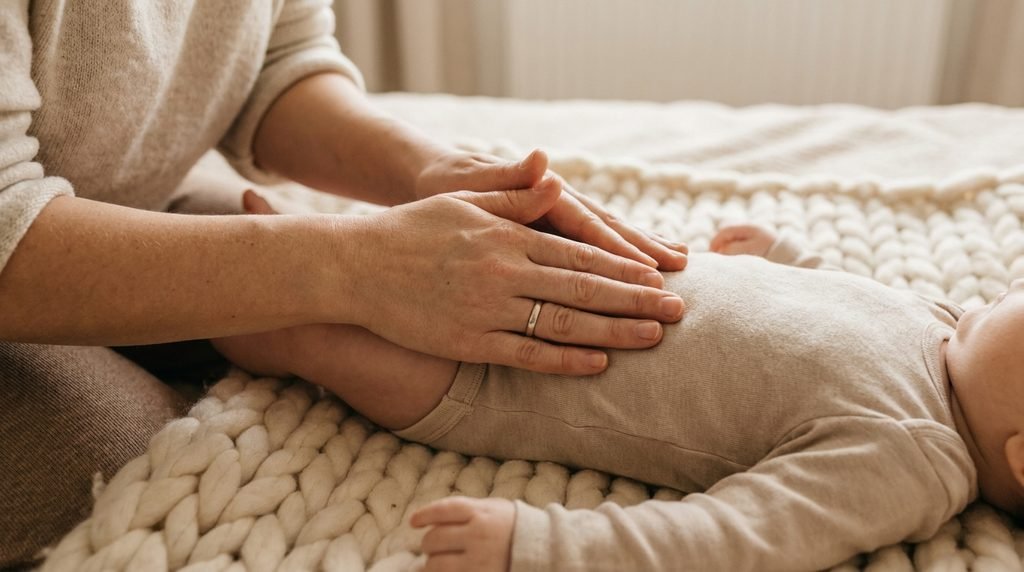 Mãos fazendo massagem na barriguinha