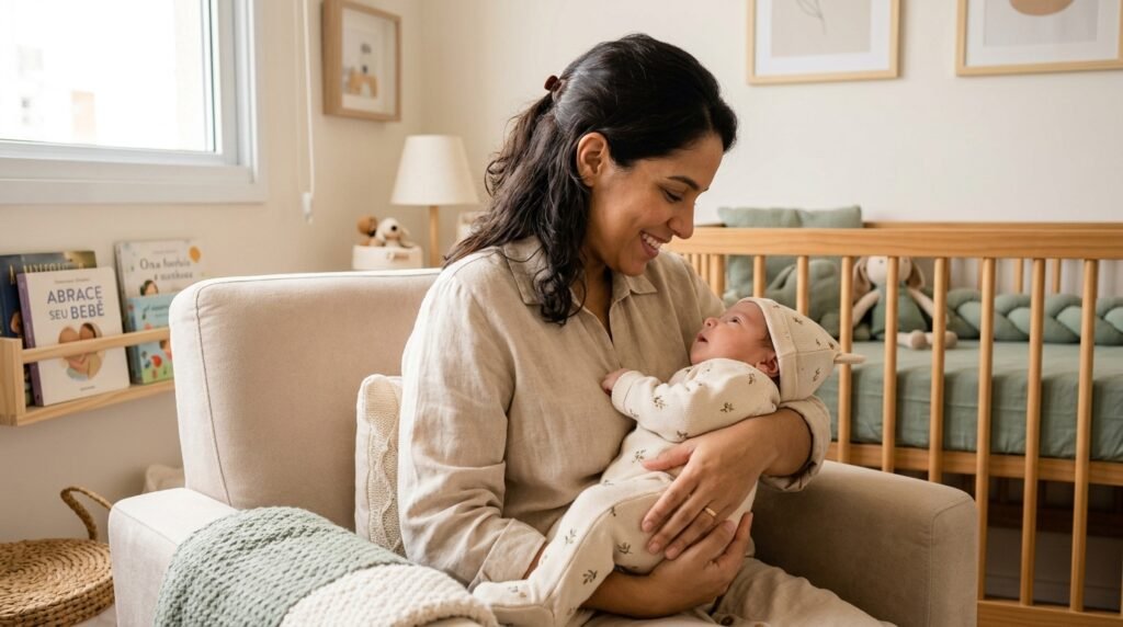 Mãe segurando o bebê no colo durante o aleitamento misto