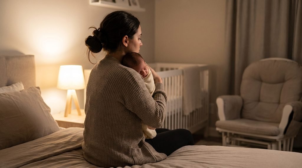Mãe embalando o bebê à noite