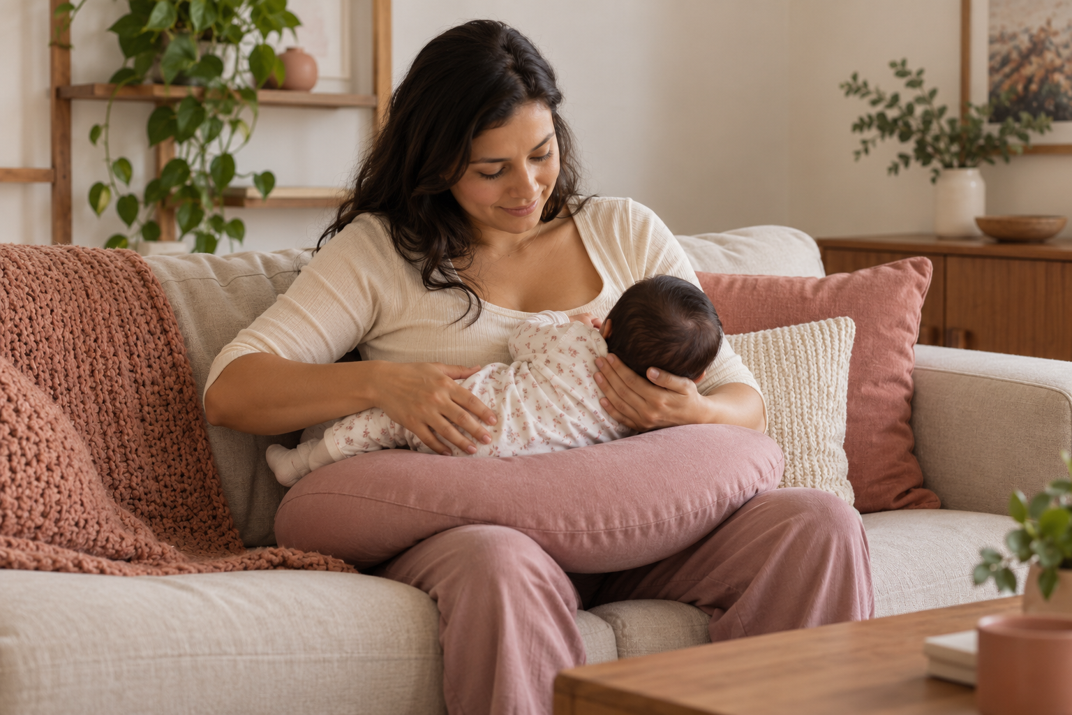 Mãe posicionando o bebê com apoio de uma almofada de amamentação