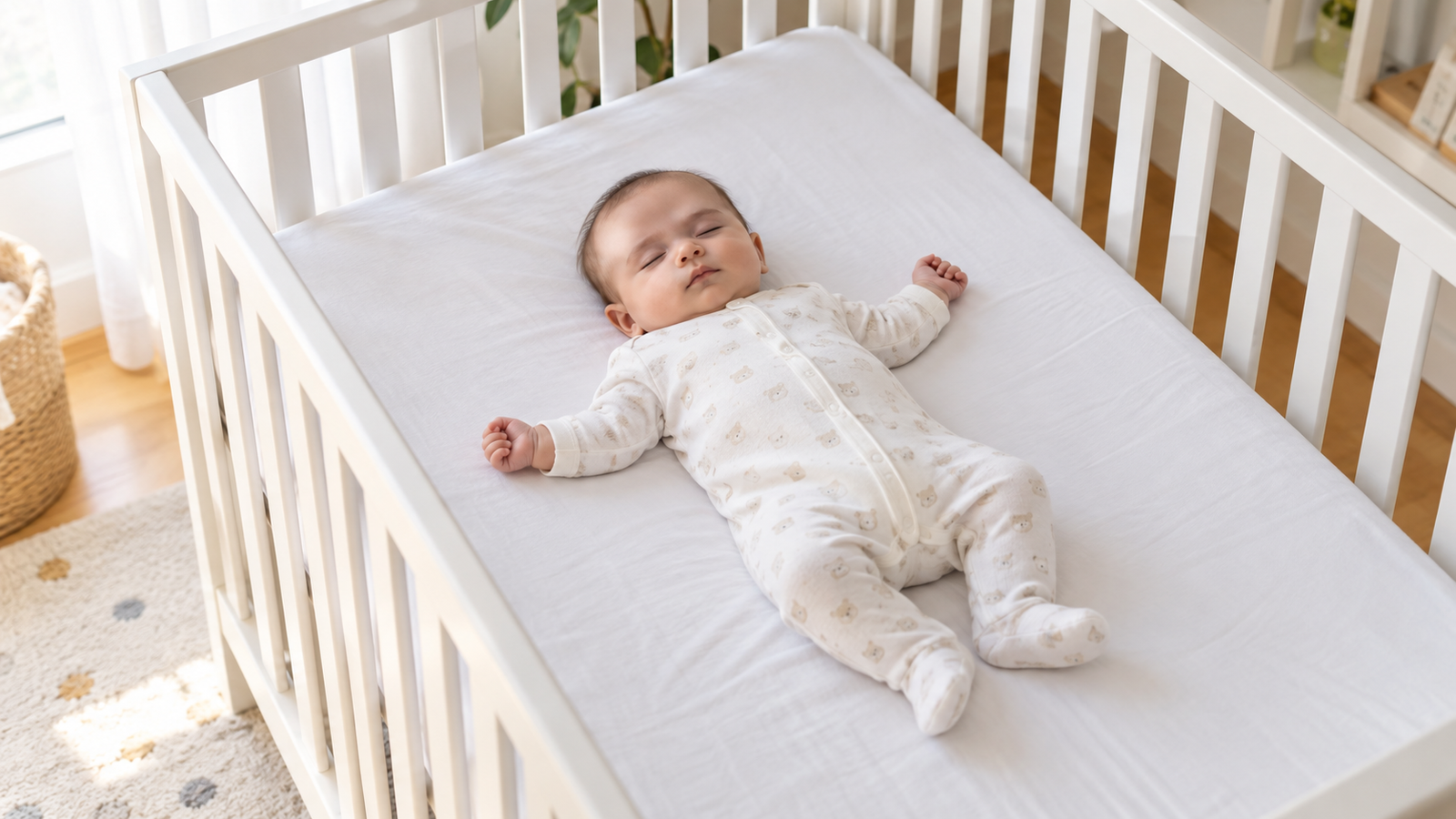 Bebê dormindo de barriga para cima em um berço vazio.