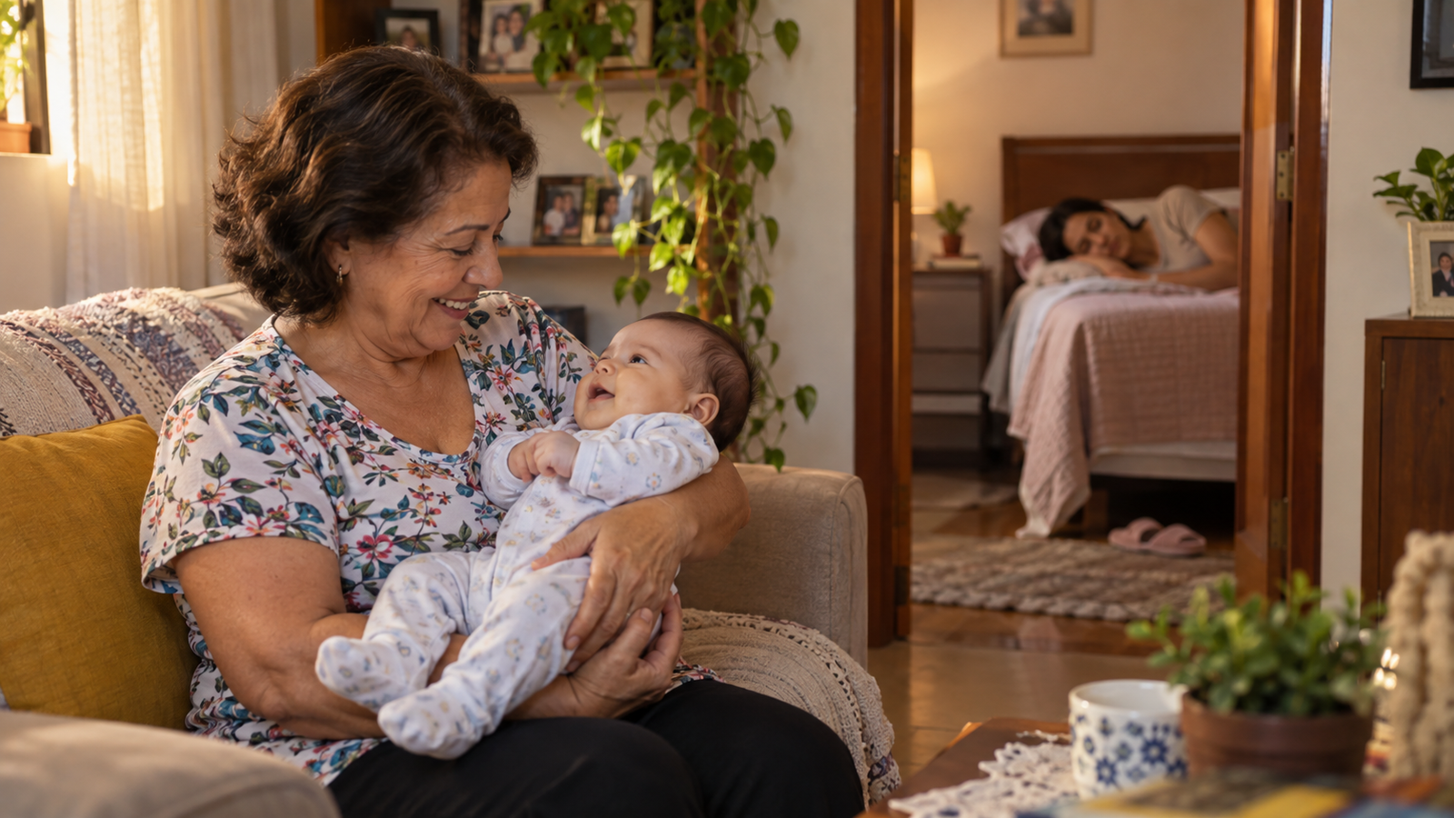 Avó oferece apoio à mãe quando o bebê só dorme no colo.