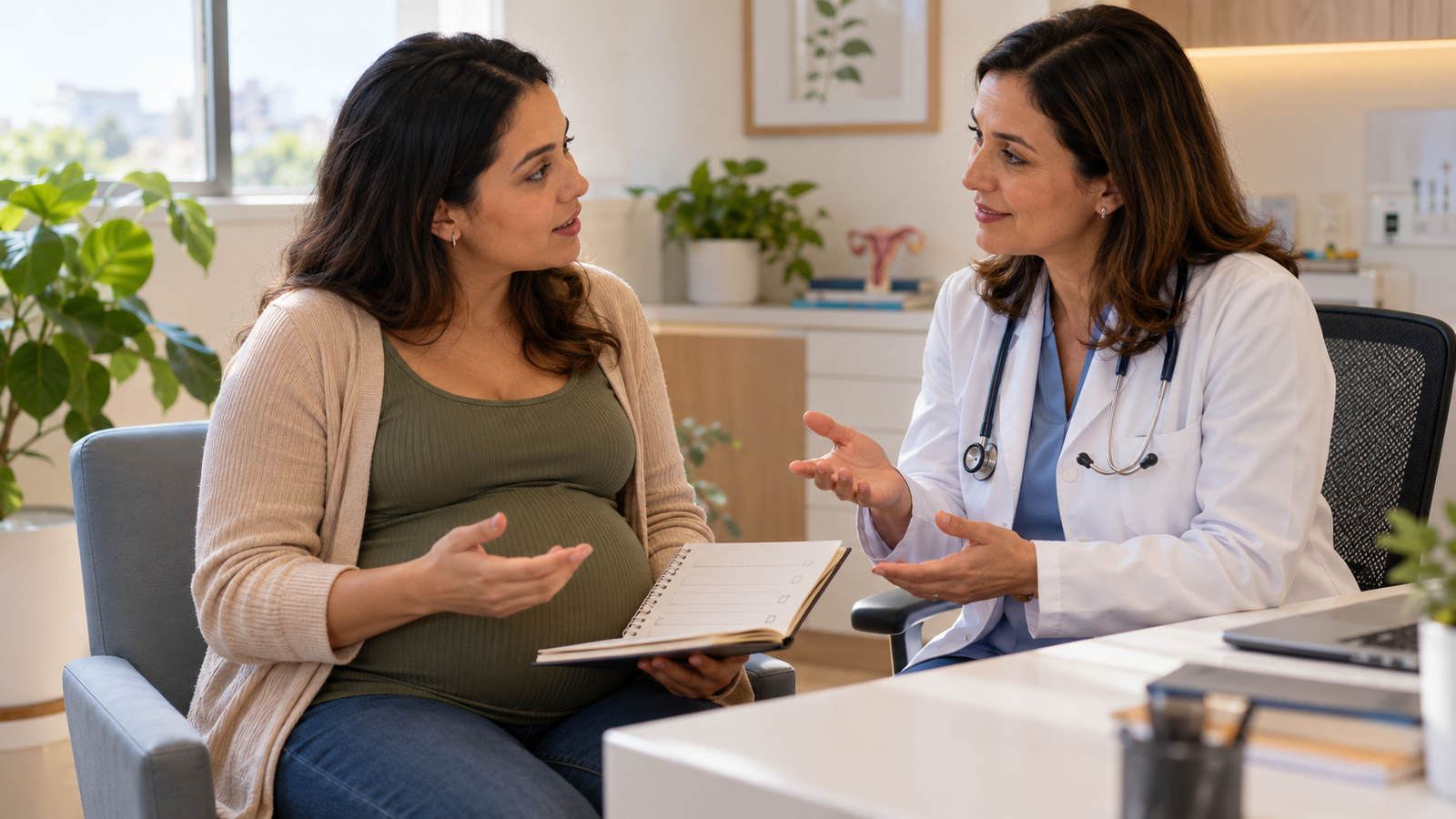 Gestante conversando com a obstetra e levando uma lista de perguntas