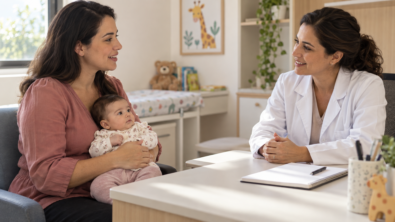Mãe com bebê no colo conversando com uma pediatra no consultório.
