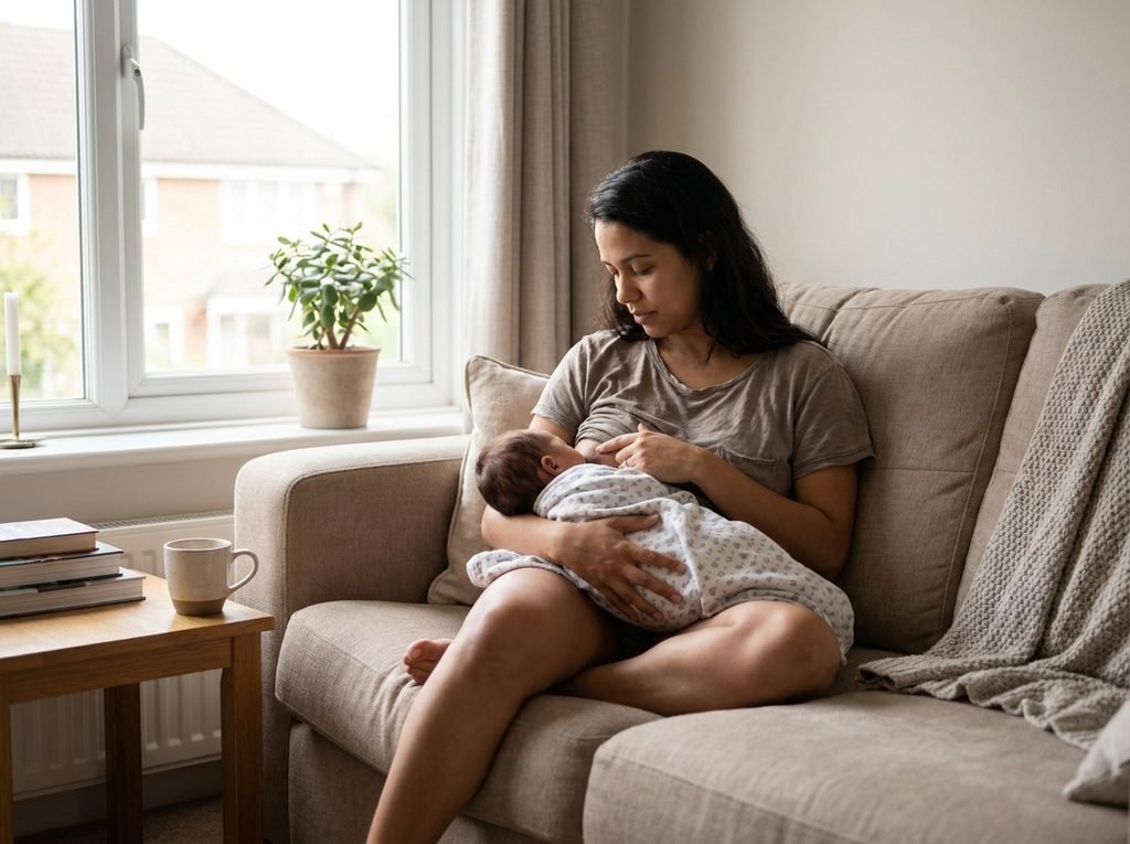 mãe amamentando bebê recém-nascido em casa