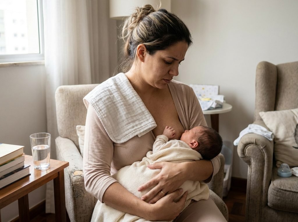 Mãe amamentando o bebê para estimular a produção de leite materno